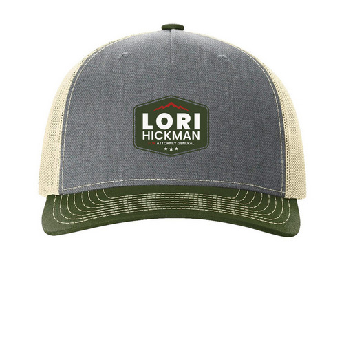 Lori for Idaho Hats, a Heather Grey/ Birch/ Army Olive Printed Five-Panel Trucker Cap