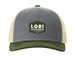 Lori for Idaho Hats, a Heather Grey/ Birch/ Army Olive Printed Five-Panel Trucker Cap