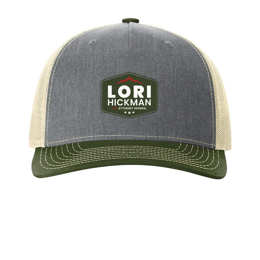 Lori for Idaho Hats, a Heather Grey/ Birch/ Army Olive Printed Five-Panel Trucker Cap