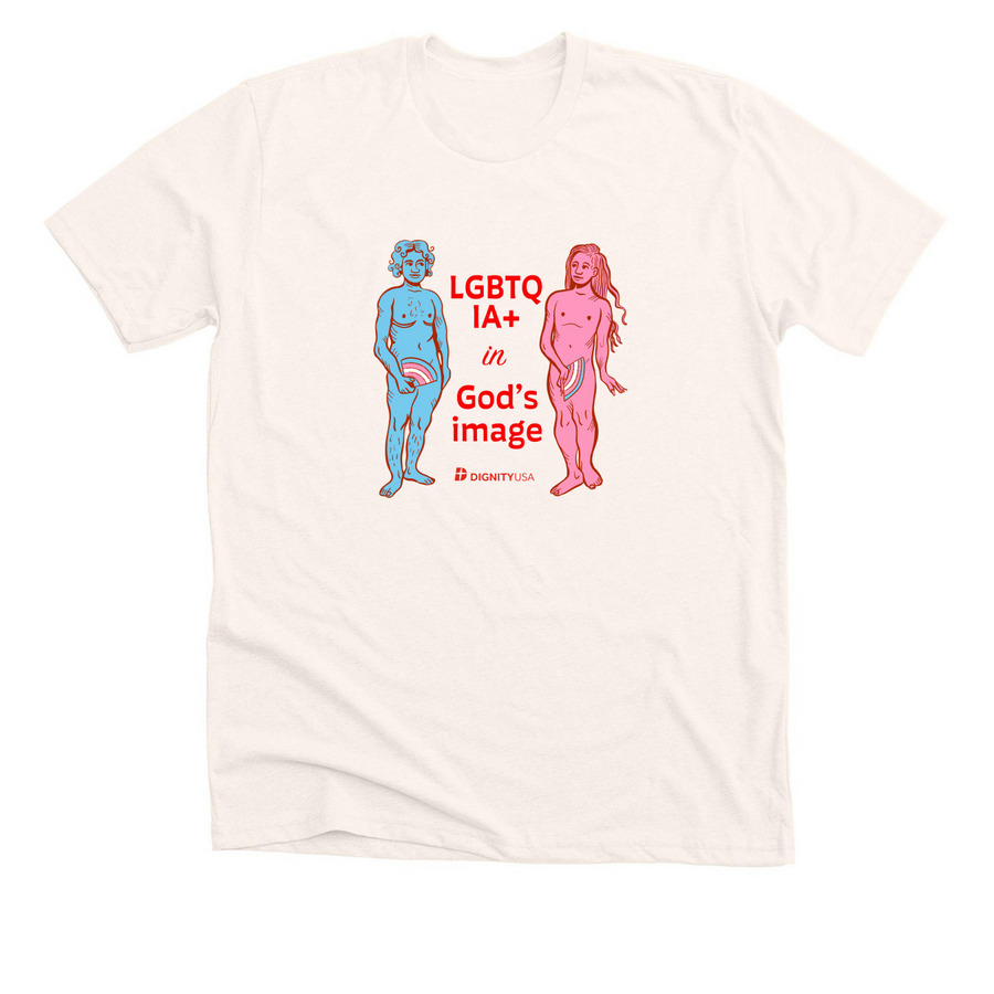 Pride 2026 Transgender Adam & Eve Design, a Heather Natural Premium Unisex Tee