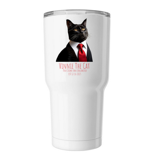 TCFU x Vinnie the Cat, a White Insulated Tumbler