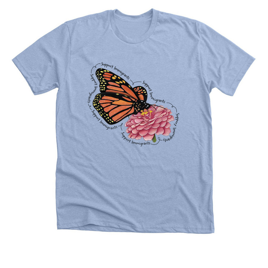 Support Immigrants (black text), a Heather Baby Blue Premium Unisex Tee