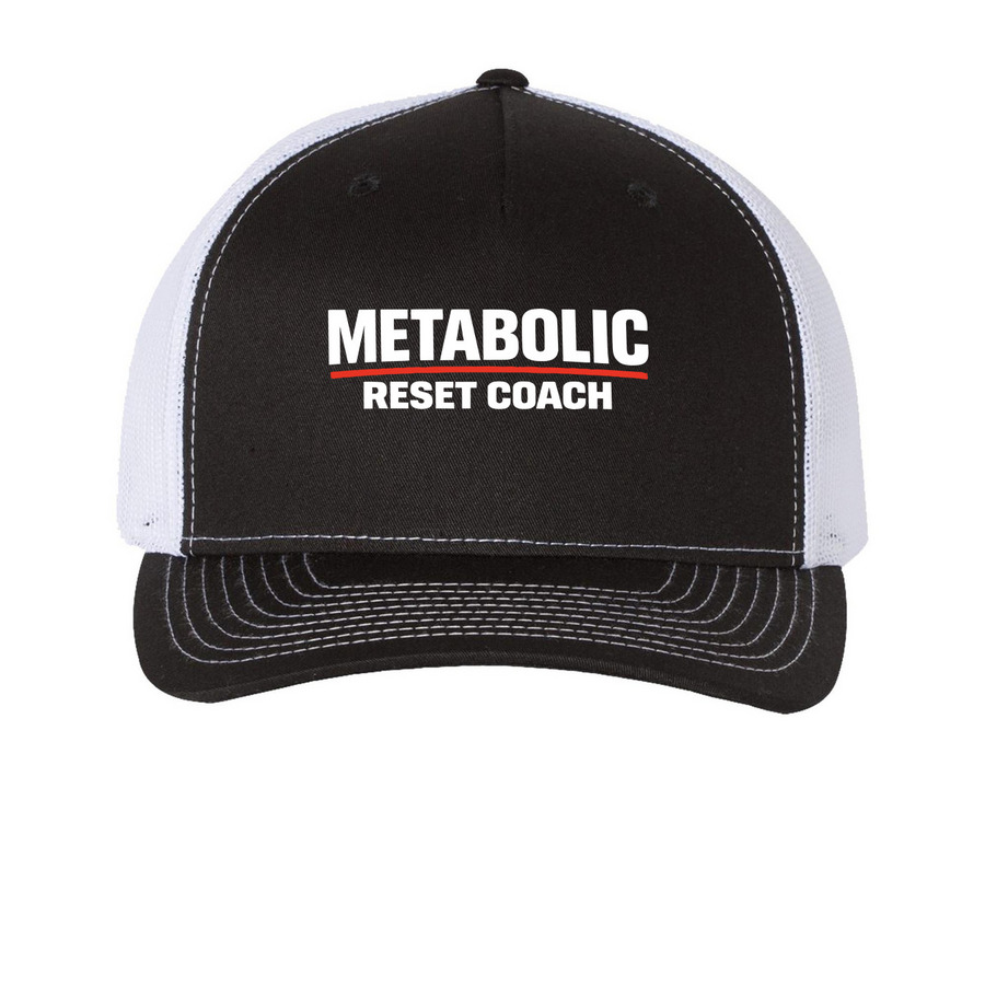 Metabolic Reset Trucker Hat, a Black/ White Printed Five-Panel Trucker Cap