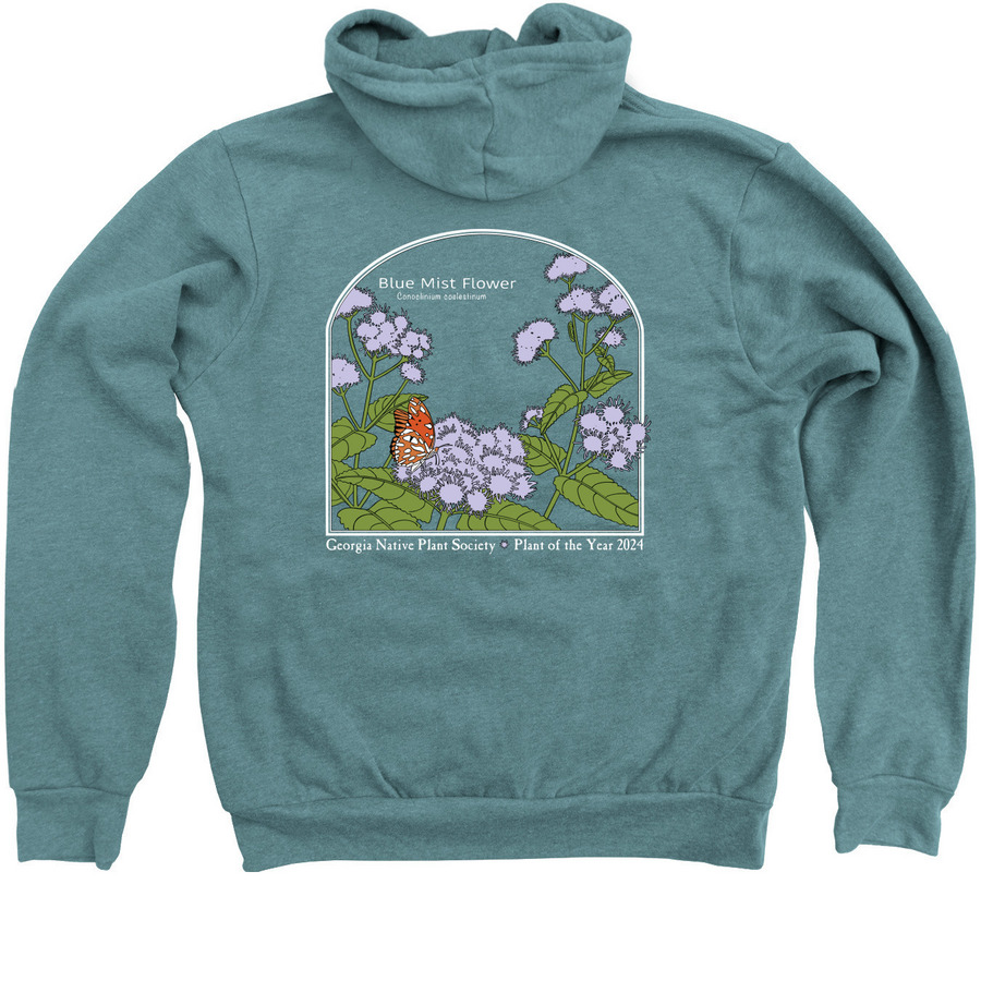 2024 POY Blue Mistflower Hoodie, a Heather Deep Teal Zip Up Hoodie (back-view)