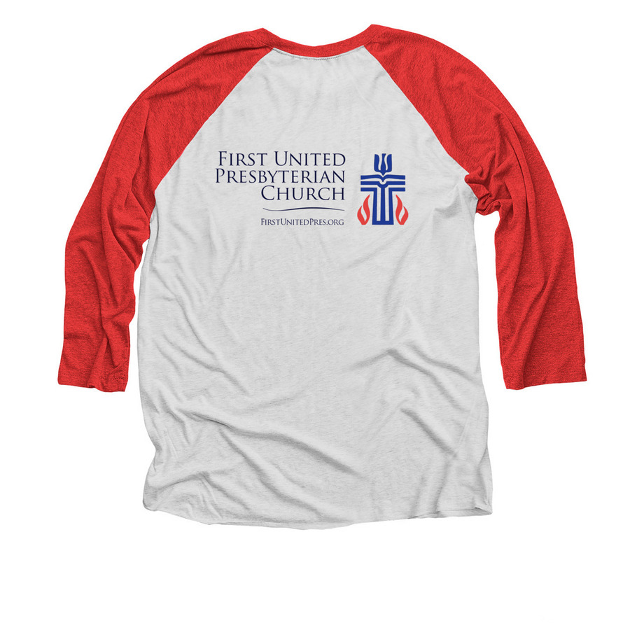 FUPC Welcome, a Red and Heather White 3/4 Sleeve Baseball Tee (back-view)