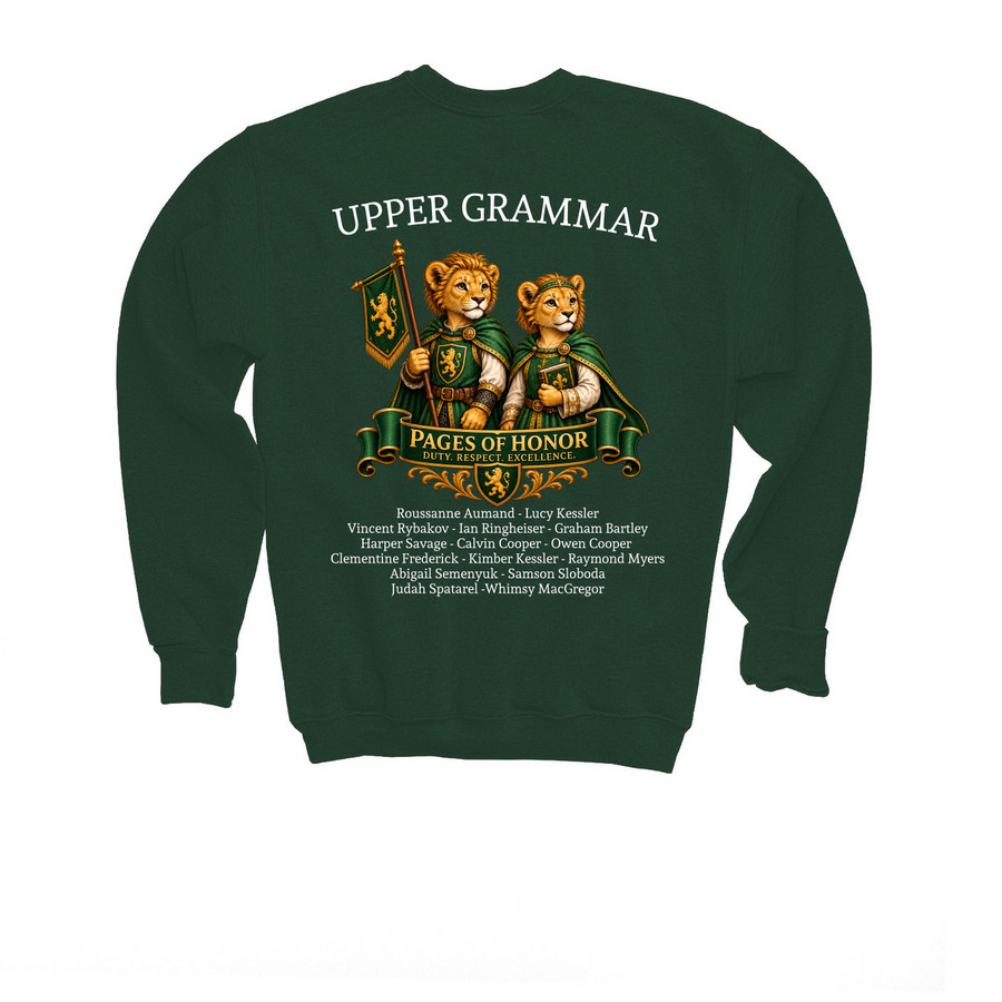 Upper Grammar Gear, a Forest Green Youth Crewneck Sweatshirt (back-view)