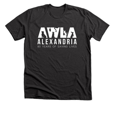 80 Years of Saving Lives (White Logo), a Dark Grey Heather Premium Unisex Tee