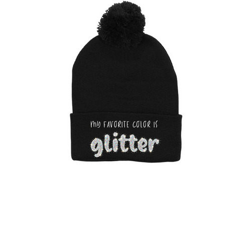 My favorite color is glitter&nbsp;, a Black Printed Pom-Pom Beanie
