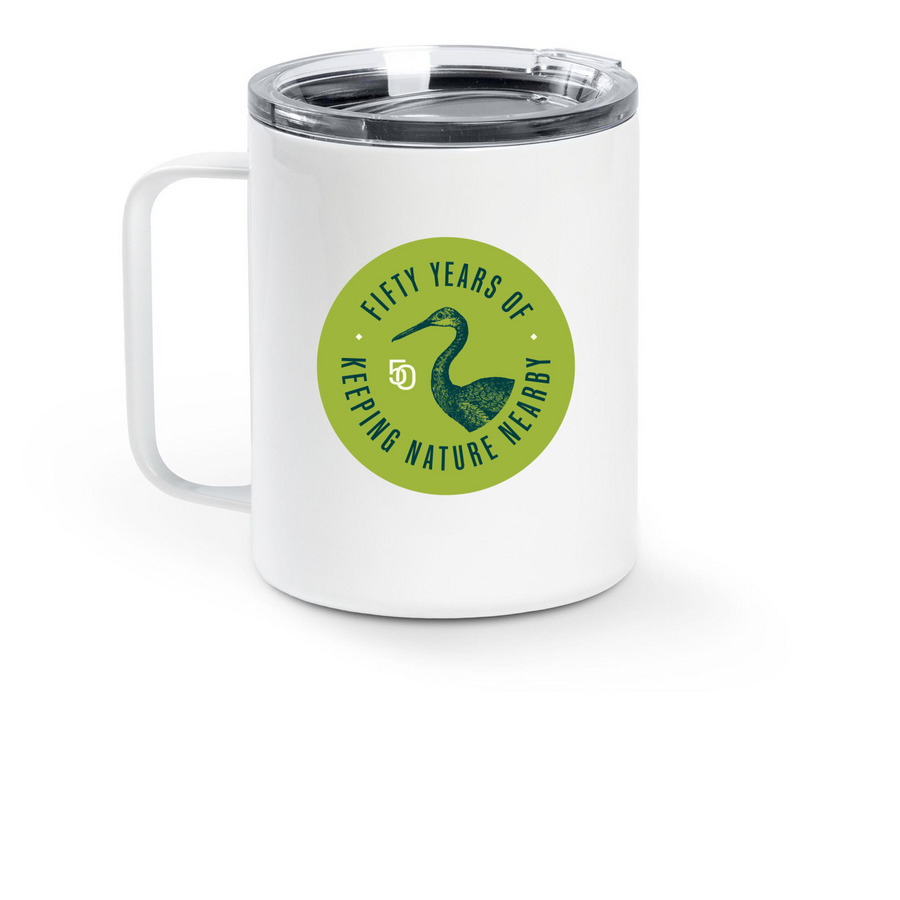50th Mug, a White Stainless Steel Travel Mug (back-view)