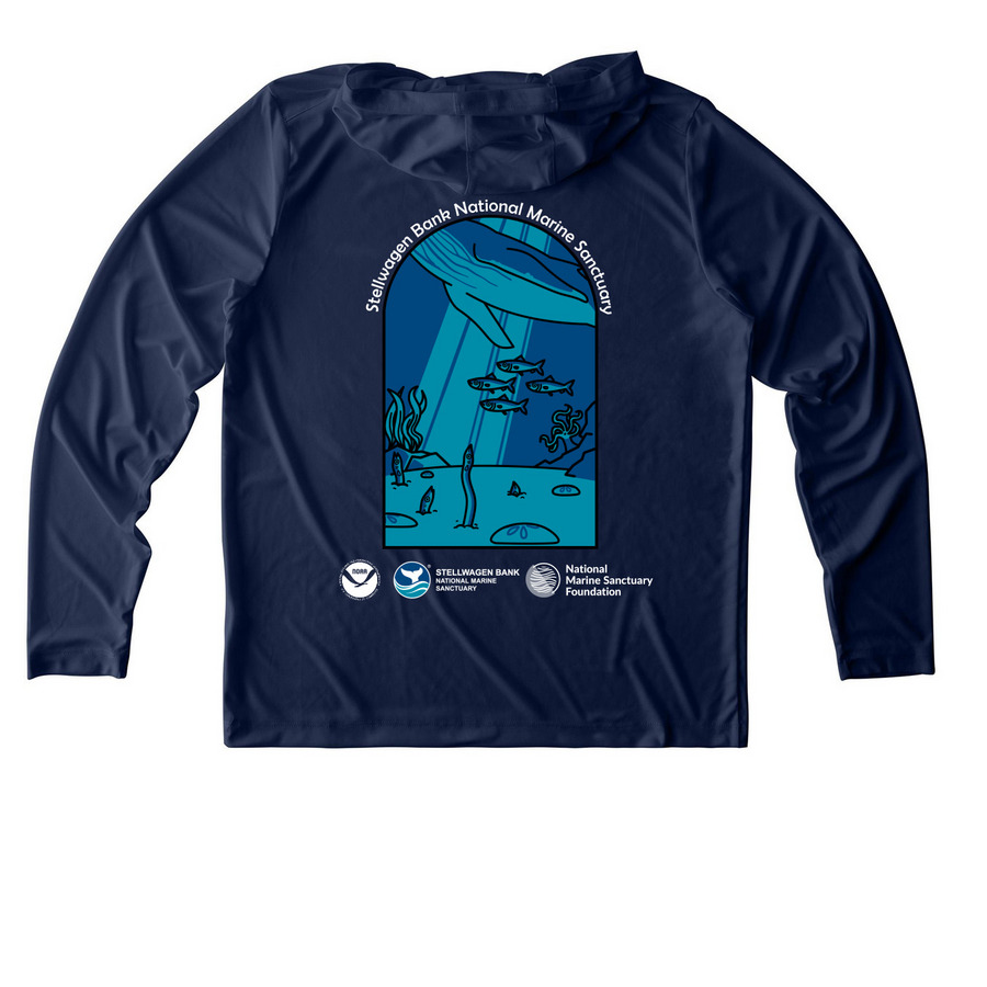 Stellwagen Bank Ecosystem UV, a True Navy UV Performance Long Sleeve Hoodie (back-view)