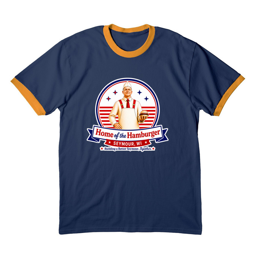 Home of the Hamburger, a Navy/ Gold Cotton Ringer Tee