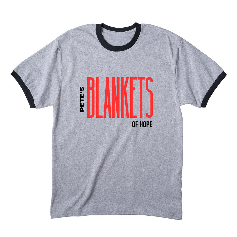 Pete's Blankets of Hope., a Athletic Heather/ Jet Black Cotton Ringer Tee