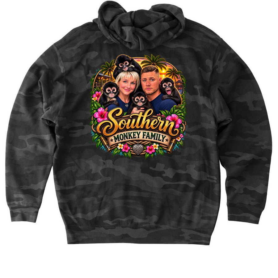 Southern Monkey Family&nbsp;, a Black Camo Heavyweight Camo Pullover Hoodie (back-view)