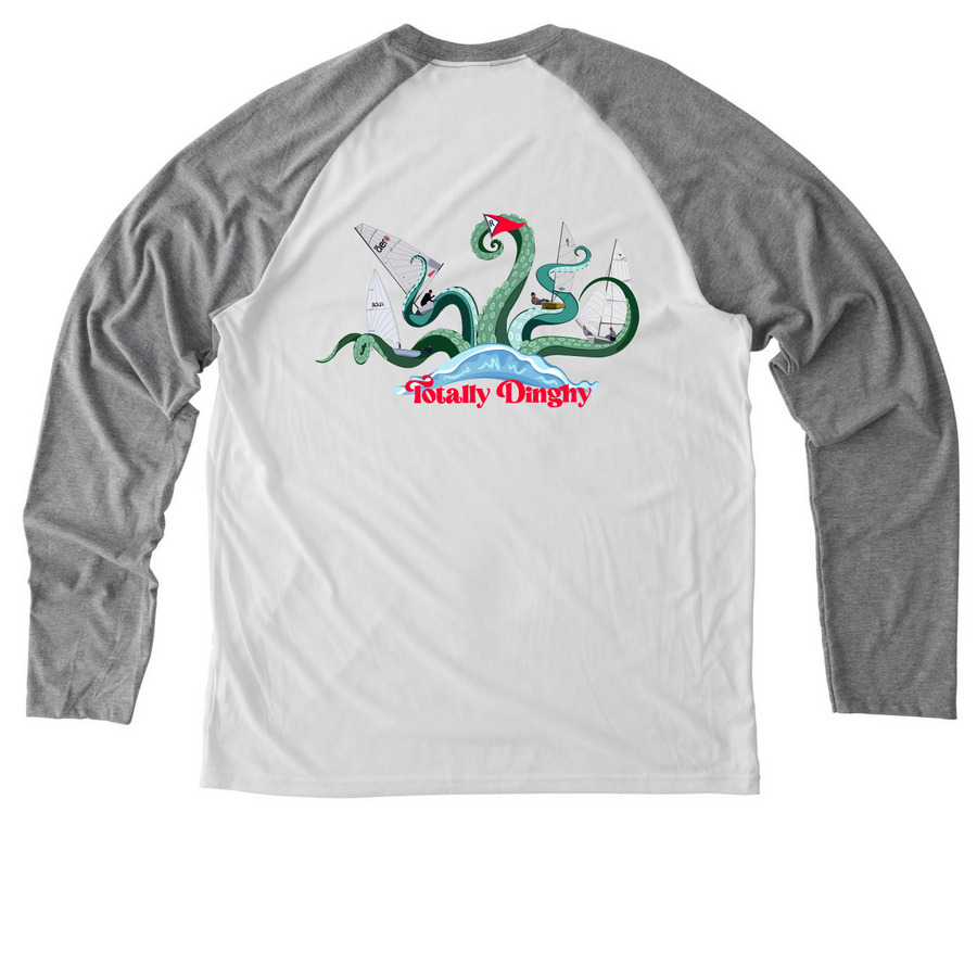 Totally Dinghy 2026, a Aluminum Grey/ Bright White Allmade Eco Triblend Colorblock Raglan Long Sleeve Tee (back-view)