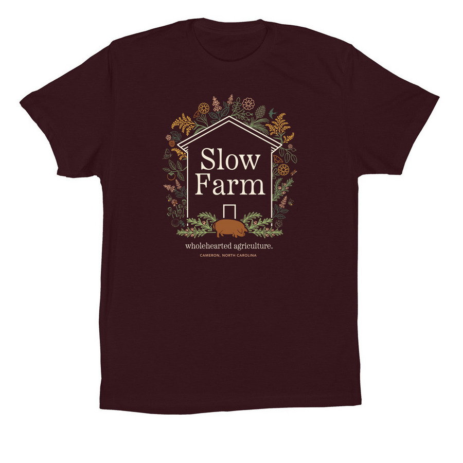 Slow, Wholehearted Agriculture., a Oxblood Black Premium Cotton Tee