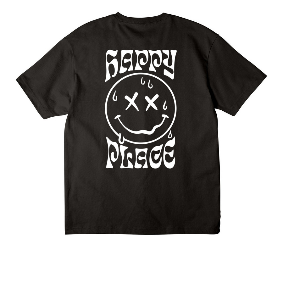 HAPPY PLACE MERCH, a Black Unisex Heavyweight Tee (back-view)