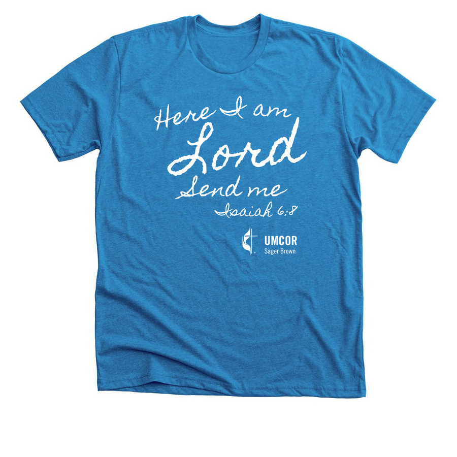 Here I am Lord, a Neon Blue Premium Unisex Tee