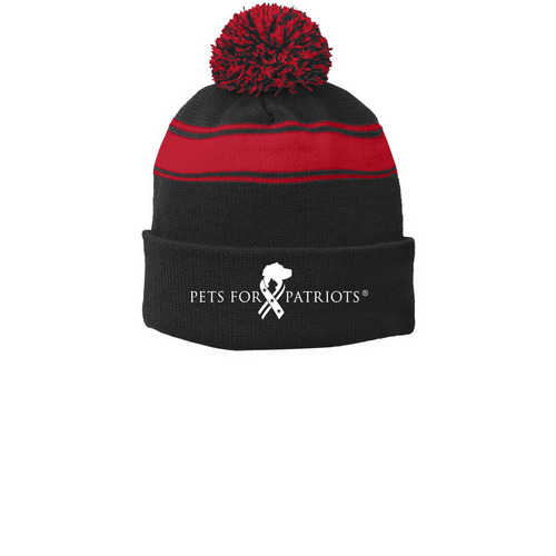 Top this!, a Black/ True Red Printed Stripe Pom-Pom Beanie