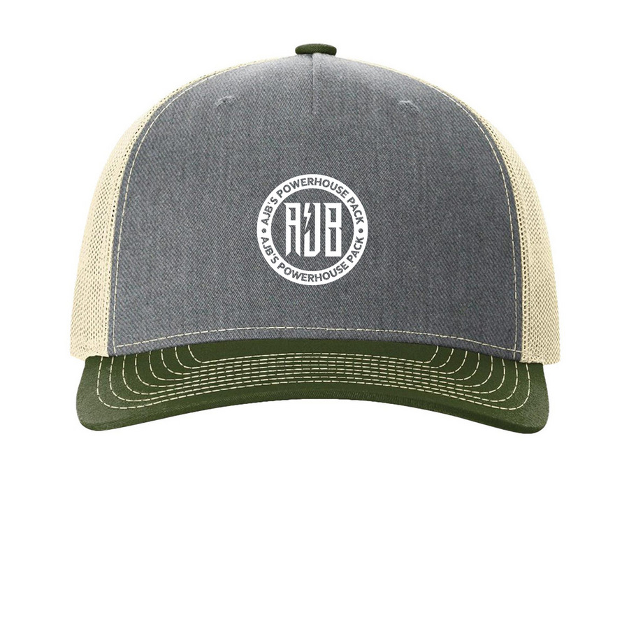 AJB's Powerhouse Pack, a Heather Grey/ Birch/ Army Olive Printed Five-Panel Trucker Cap