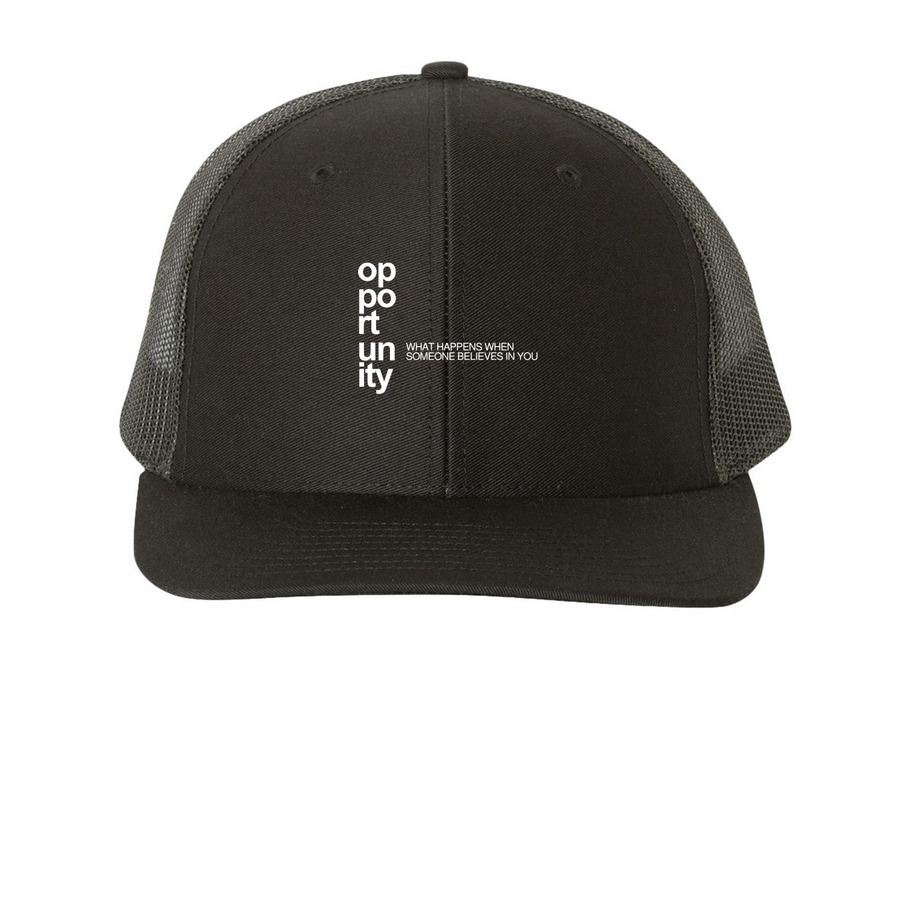 Opportunity Trucker Hat, a Black Printed Snapback Trucker Cap
