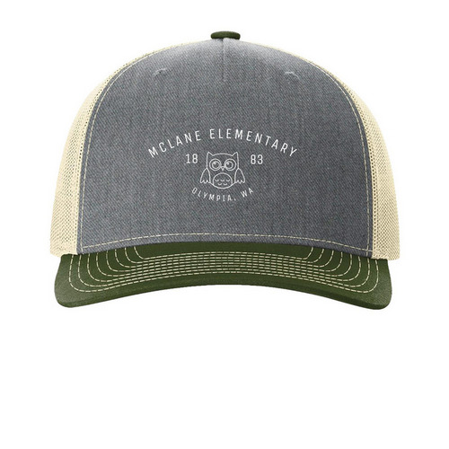 White Outline Owl- Hats, a Heather Grey/ Birch/ Army Olive Printed Five-Panel Trucker Cap