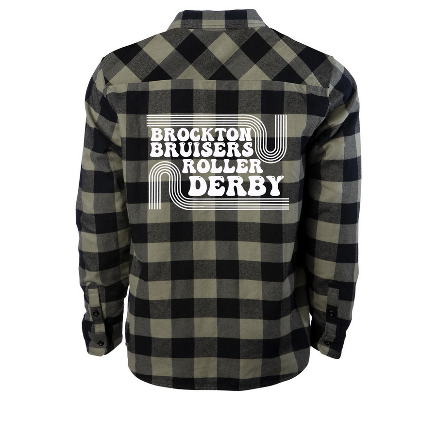Retro Lettering White Ink Back Print&nbsp;, a Olive/ Black Unisex Flannel Shirt (back-view)