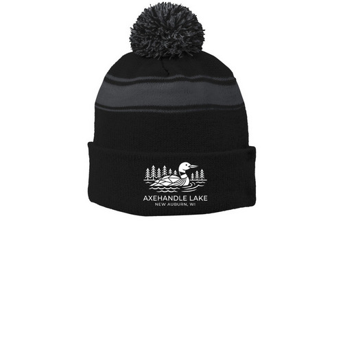 Winter Hat with White Logo, a Black/ Iron Grey Printed Stripe Pom-Pom Beanie