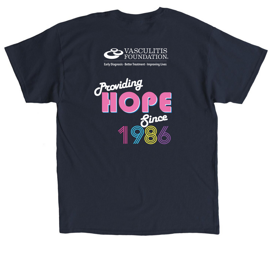 Providing Hope & Strength for 40 Years., a Navy Classic Unisex Tee (back-view)