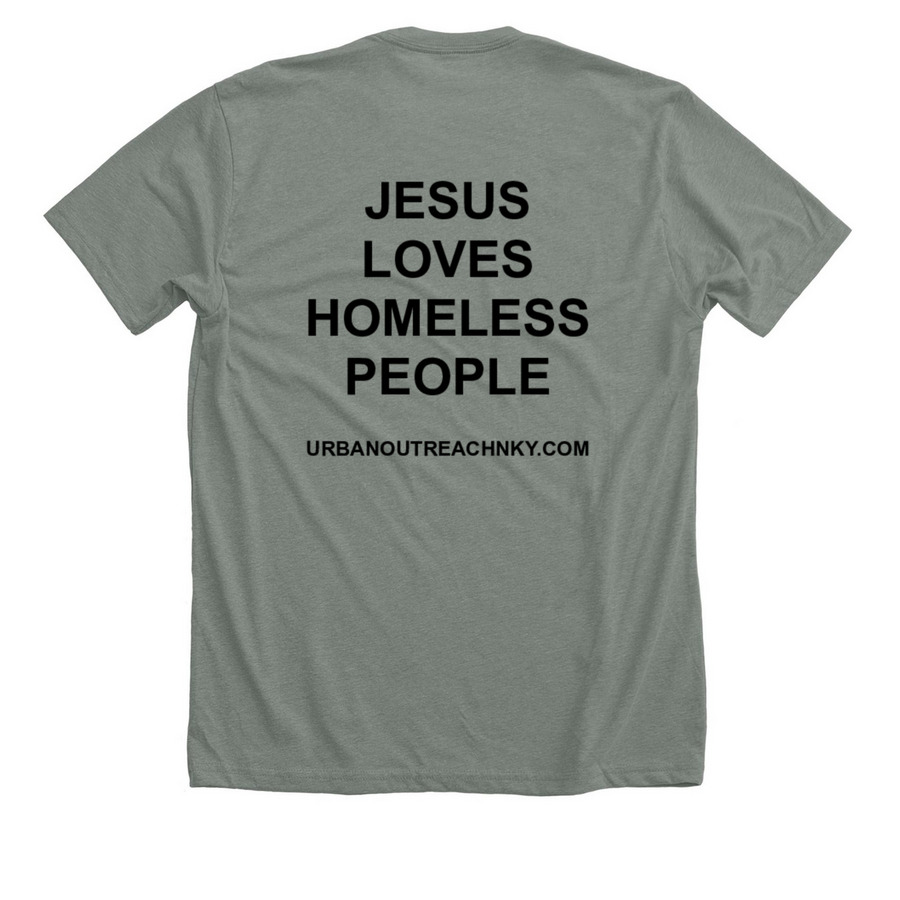 UO Black Logo/Jesus Loves on Back, a Deep Heather Premium Unisex Tee (back-view)
