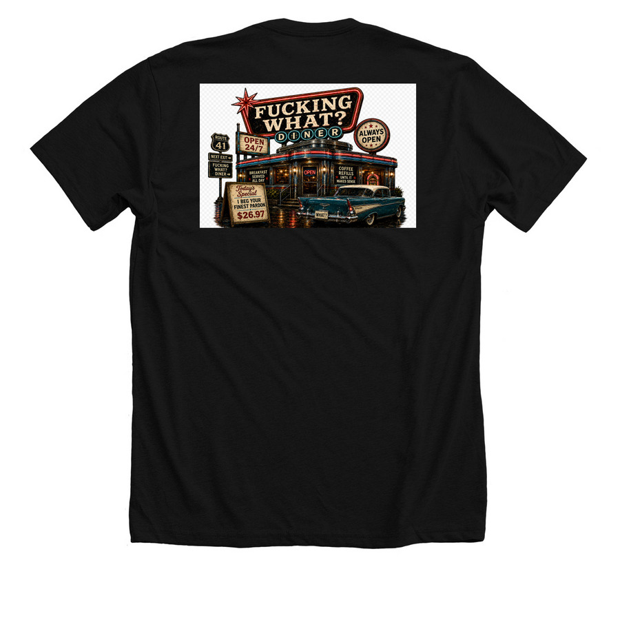 F*cking what diner, a Solid Black Blend Premium Unisex Tee (back-view)