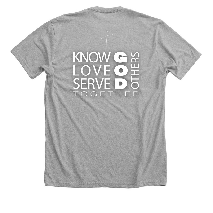 Outreach T-shirt -&nbsp;"Know, Love, Serve", a Athletic Heather Premium Unisex Tee (back-view)