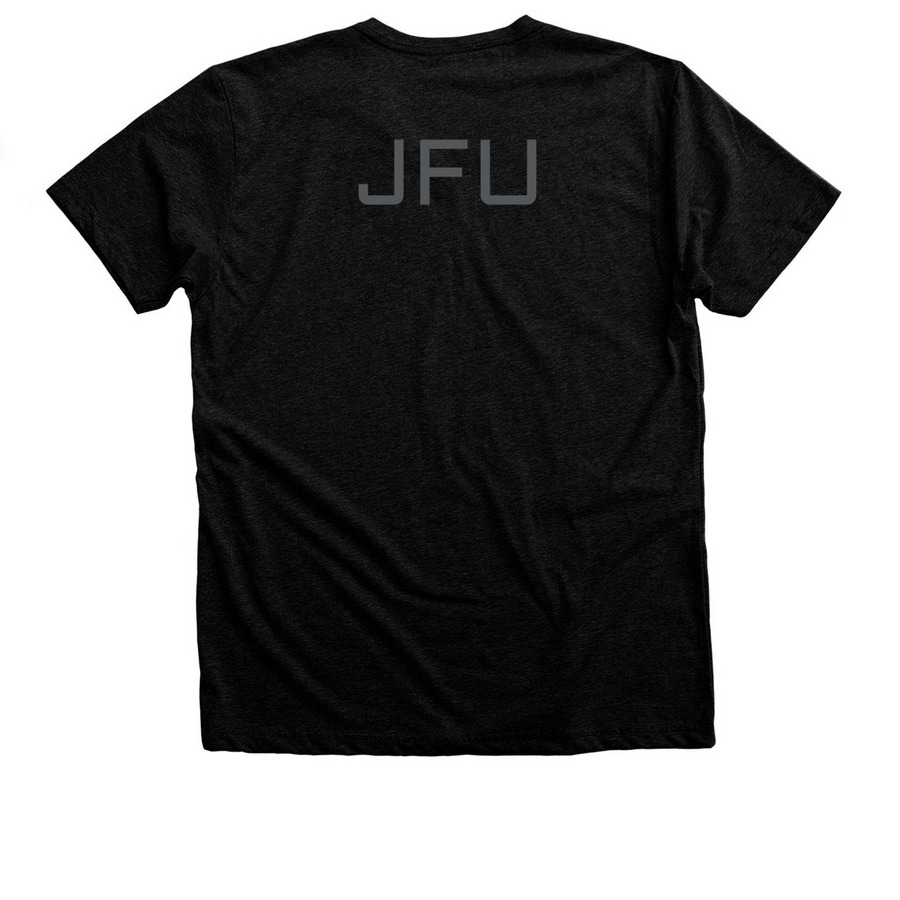 FRSN / JFU Tees and Sweatshirts, a Black Heather Premium V-Neck Tee (back-view)