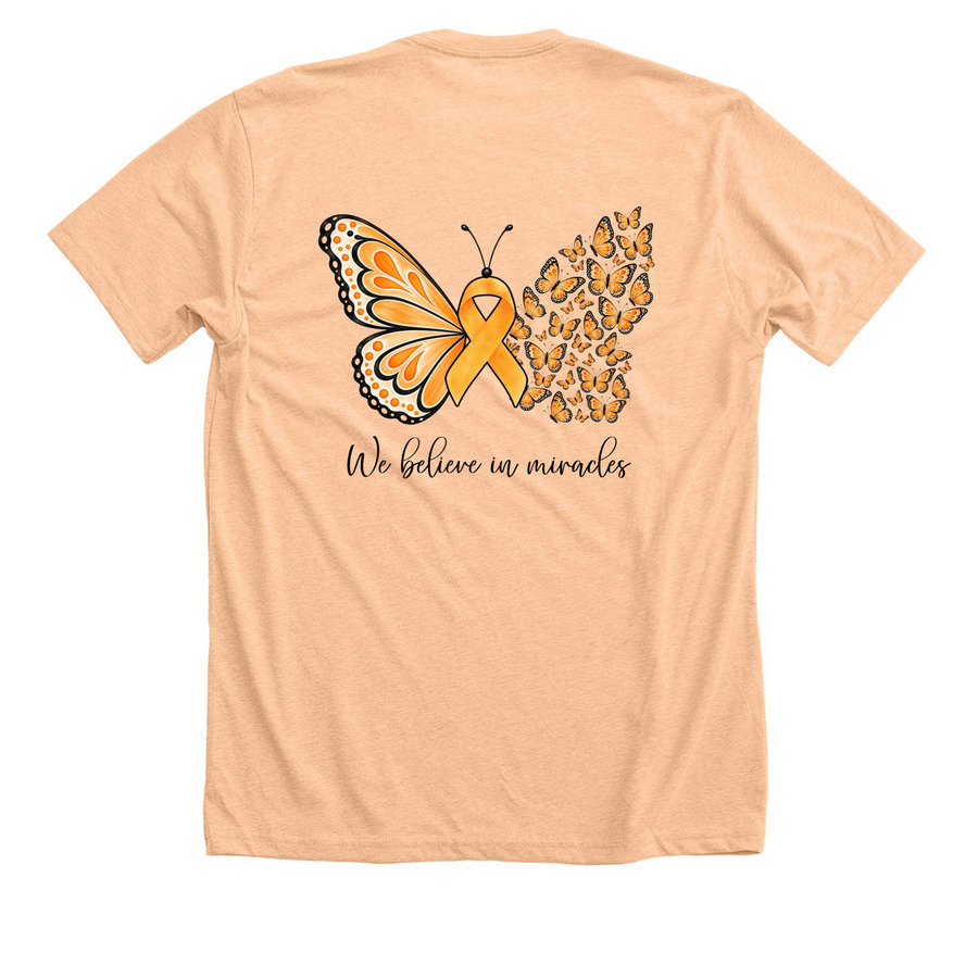 We believe in miracles, a Heather Peach Premium Unisex Tee (back-view)