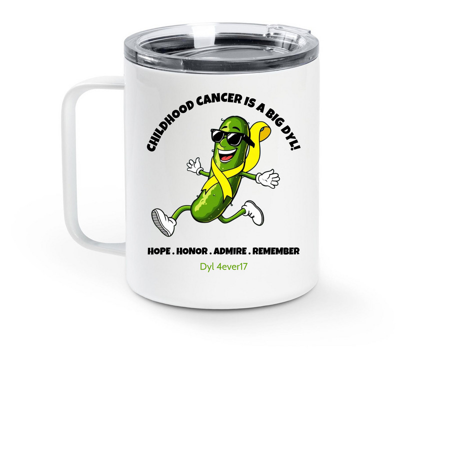 Dyl's Pickle Squad Drinkware, a White Stainless Steel Travel Mug (back-view)