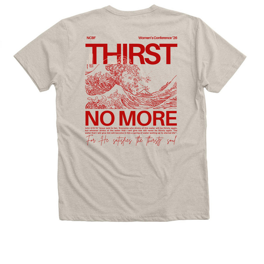 Women's Conference - Thirst No More Tan, a Heather Dust Premium V-Neck Tee (back-view)