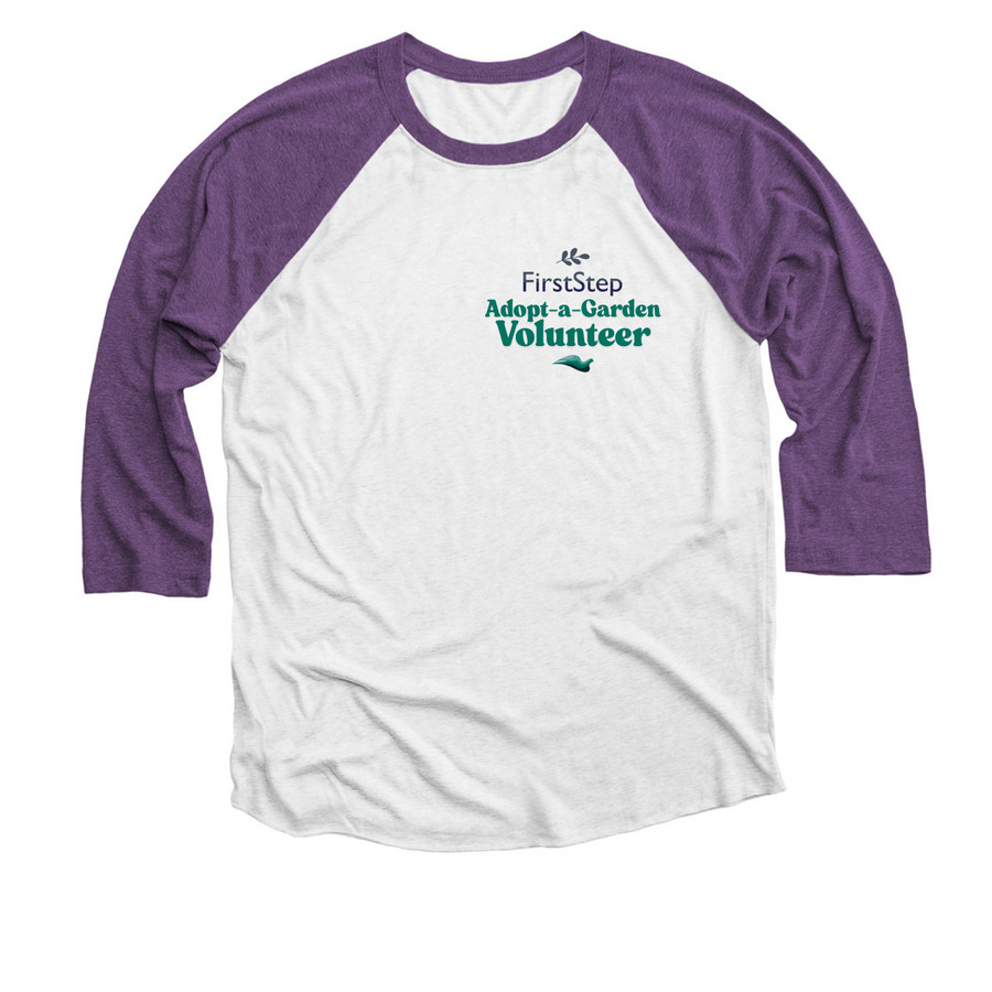 Adopt-A-Garden Volunteer Collection, a Purple Rush and Heather White 3/4 Sleeve Baseball Tee