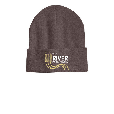 The River Logo - Printed Cuffed Beanie, a Heather Brown Printed Cuffed Beanie