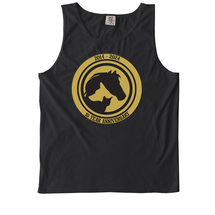 10 Year Anniversary Vintage Logo, a Black Comfort Colors Tank Top