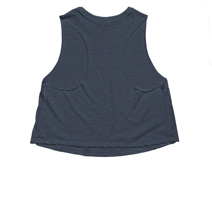 No MO Trans Bans, a Heather Navy Women's Cropped Racerback Tank (back-view)