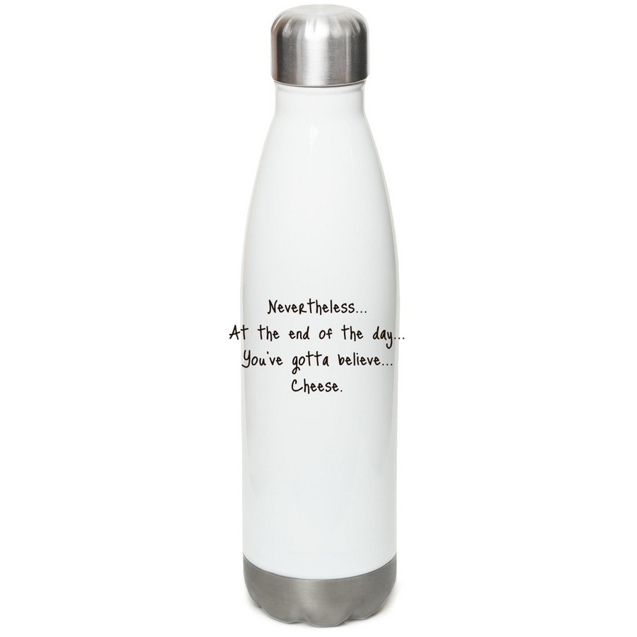 Logo Water Bottle, a White Stainless Steel Water Bottle (back-view)