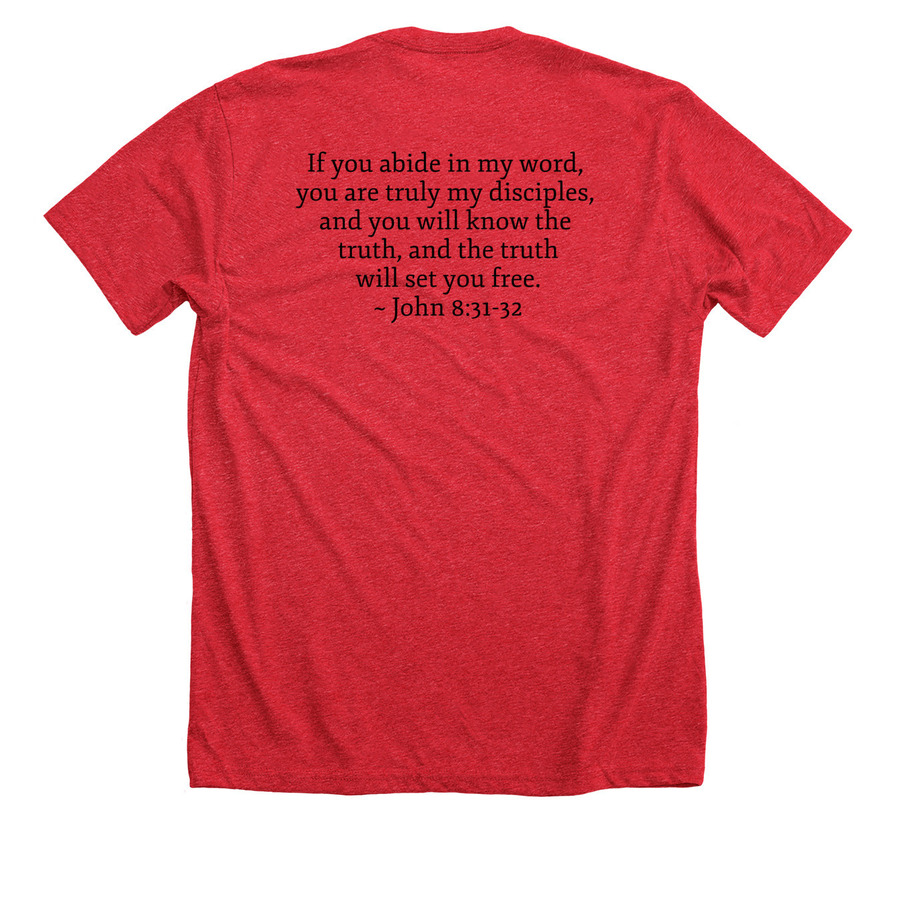 Veritas House Shirt, a Heather Red Premium Unisex Tee (back-view)