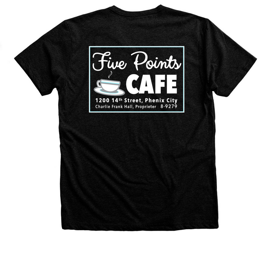Five Points Cafe, a Black Heather Premium Unisex Tee (back-view)