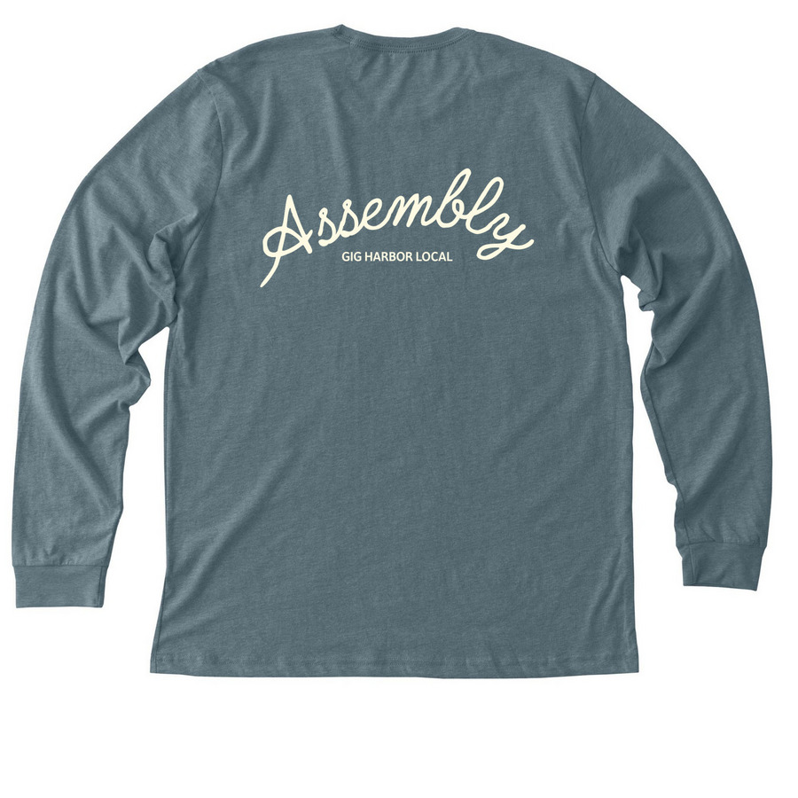 GIG HARBOR LOCAL, a Heather Slate Premium Long Sleeve Tee (back-view)