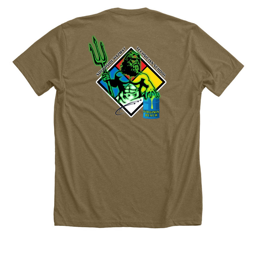 Hazmat Tech 2026, a Heather Olive Premium Unisex Tee (back-view)