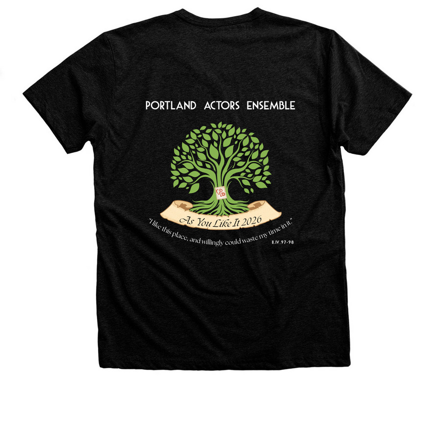 As You Like It 2026 Shirts, a Black Heather Premium Unisex Tee (back-view)