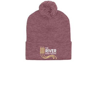 The River Logo - Printed Pom-Pom Beanie, a Heather Cardinal Printed Pom-Pom Beanie