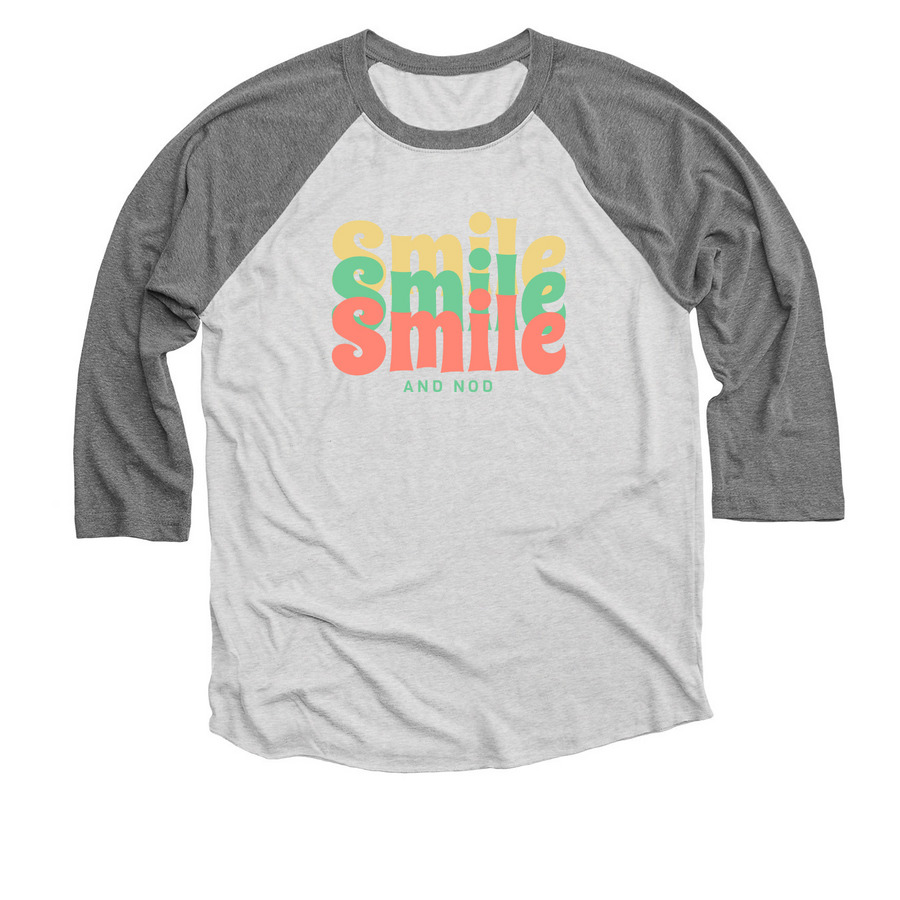 SMILE AND NOD, a Premium Heather and Heather White 3/4 Sleeve Baseball Tee