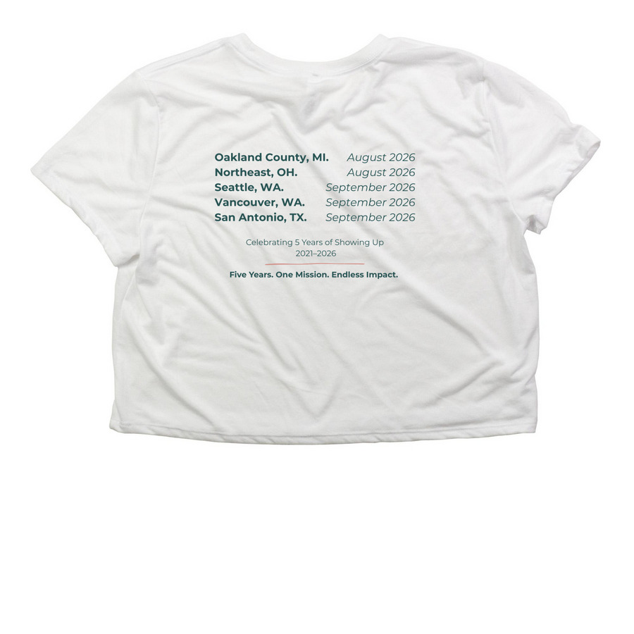 Anniversary Collection | Tour, a White Women?s Flowy Cropped Tee (back-view)