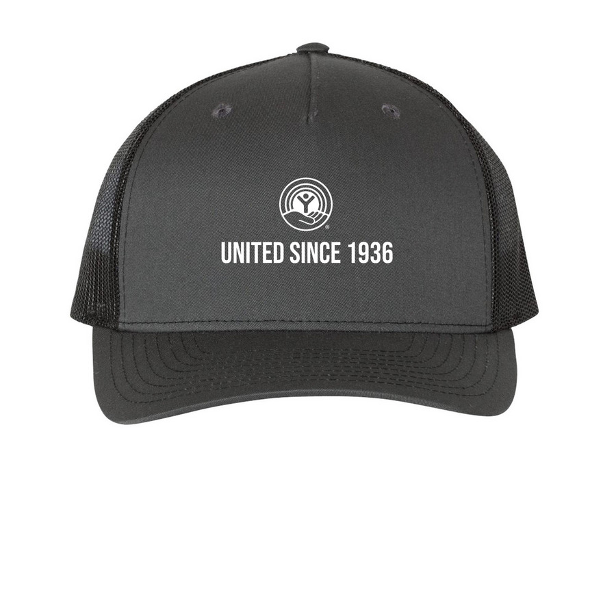 United Since 1936 Trucker Hat, a Charcoal/ Black Printed Five-Panel Trucker Cap