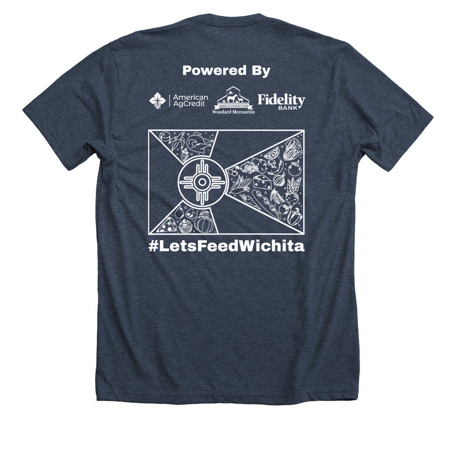 THIS SHIRT FEEDS WICHITA, a Heather Midnight Navy Premium Unisex Tee (back-view)